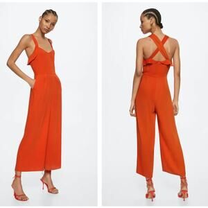 MNG MANGO Criss Cross Strap Wide Leg Jumpsuit Orange Sz L NWT {3Y54}